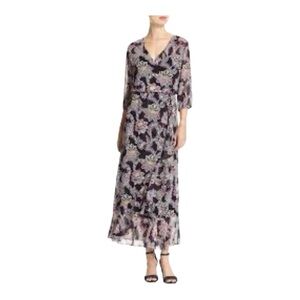 Banana Republic Black Floral‎ Maxi Dress Wild Raisin Floral Ruffle Wrap Size 2